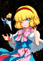 Rule 34 | ;d, alice margatroid, bad id, bad pixiv id, blonde hair, blue dress, blue eyes, bow, bowtie, capelet, cowboy shot, dark background, dress, frills, hairband, looking at viewer, medium hair, one eye closed, open mouth, pink neckwear, qqqrinkappp, red hairband, shanghai doll, short sleeves, smile, string, touhou, traditional media, white capelet