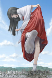 Rule 34 | 1girl, black hair, blunt bangs, building, city, clenched hand, cloud, day, destruction, eichikei (hakuto), feet, from behind, from below, giant, giantess, highres, huge giantess, japanese clothes, long hair, looking down, miko, mountain, open mouth, sky, skyscraper, smoke, solo, standing, standing on one leg, tabi, tree