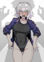 Rule 34 | &gt;:o, 1boy, 1girl, :o, adapted costume, against wall, ahoge, black one-piece swimsuit, blush, breasts, competition swimsuit, covered navel, cowboy shot, embarrassed, fate/grand order, fate (series), flying sweatdrops, fujimaru ritsuka (male), gluteal fold, gradient background, grey background, hair between eyes, halcon, high collar, highres, jacket, jeanne d&#039;arc (fate), jeanne d&#039;arc (ruler) (fate), jeanne d&#039;arc alter (avenger) (fate), jeanne d&#039;arc alter (fate), large breasts, legs together, light brown hair, nervous, one-piece swimsuit, open clothes, open jacket, silhouette demon, standing, swimsuit, swimsuit under clothes, tears, thigh gap, thighs, v-shaped eyebrows, white background, wide-eyed, yellow eyes, you gonna get raped