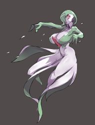Rule 34 | 1girl, arm up, baneroku, breasts, collarbone, colored skin, creatures (company), female focus, full body, game freak, gardevoir, gen 3 pokemon, green hair, green skin, grey background, hair over one eye, hand up, highres, huge breasts, looking to the side, multicolored skin, nintendo, no mouth, outstretched arm, pokemon, pokemon (creature), red eyes, short hair, simple background, solo, thick thighs, thighs, two-tone skin, white skin
