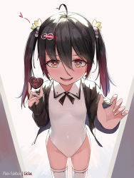 Rule 34 | 1girl, :d, ahoge, artist name, black hair, black jacket, brown eyes, brown hair, candy, chocolate, chocolate heart, collared leotard, commentary request, eat me, food, glowing, gradient hair, groin, hair between eyes, hair ornament, hairclip, heart, highres, holding, holding food, jacket, leotard, liclac, long sleeves, looking at viewer, multicolored hair, open clothes, open jacket, open mouth, original, sleeves past wrists, smile, solo, thighhighs, valentine, white leotard, white thighhighs