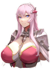 Rule 34 | 1girl, armor, bad id, bad twitter id, blue eyes, breasts, cleavage, clothing cutout, eden&#039;s ritter, hairband, kageshio (276006), large breasts, long hair, looking at viewer, noein (eden&#039;s ritter), pauldrons, pink hair, shoulder armor, sidelocks, simple background, smile, solo, white background