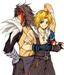 Rule 34 | 00s, 2boys, age difference, back-to-back, bandana, beshiexe, black hair, blonde hair, dissidia final fantasy, father and son, final fantasy, final fantasy x, gauntlets, jecht, male focus, multiple boys, topless male, tidus, white background