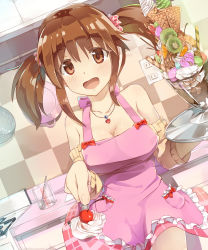 Rule 34 | 10s, 1girl, apron, bare shoulders, breasts, brown eyes, brown hair, cherry, cleavage, food, foreshortening, fruit, hair ornament, highres, idolmaster, idolmaster cinderella girls, jewelry, kitchen, large breasts, looking at viewer, open mouth, parfait, seneto, skirt, smile, solo, totoki airi, twintails