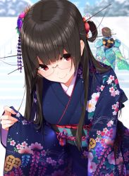 Rule 34 | 2girls, aqua kimono, black hair, blue kimono, blue sky, blurry, breasts, choukai (kancolle), closed mouth, commentary request, day, depth of field, facing away, floral print, flower, furisode, glasses, hair flower, hair ornament, hair rings, highres, japanese clothes, kantai collection, kanzashi, kimono, leaning forward, long hair, long sleeves, looking at viewer, maya (kancolle), multiple girls, nail polish, obi, outdoors, pinching sleeves, pink flower, pink nails, print kimono, purple flower, railing, red eyes, remodel (kantai collection), rimless eyewear, sash, sidelocks, sky, sleeves past wrists, smile, snow, stairs, standing, tree, wide sleeves, winter, yukichi (sukiyaki39)
