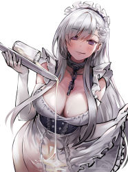Rule 34 | 1girl, apron, azur lane, bad id, bad pixiv id, belfast (azur lane), blush, braid, breasts, chain, cleavage, clothes lift, collar, collarbone, cowboy shot, dress, elbow gloves, glass, gloves, heart, heart-shaped pupils, highres, large breasts, licking lips, long hair, looking at viewer, maid apron, maid headdress, purple eyes, sidelocks, silver hair, simple background, skirt, skirt lift, solo, spilling, straight hair, suru (ksoo420), symbol-shaped pupils, tongue, tongue out, tray, wet, wet clothes, white background, white gloves