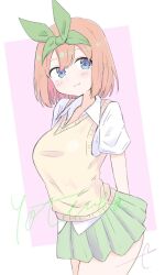 Rule 34 | 1girl, blue eyes, blush, breasts, brown hair, closed mouth, collared shirt, commentary request, eyebrows hidden by hair, go-toubun no hanayome, green ribbon, green skirt, hair between eyes, hair ribbon, kujou karasuma, looking at viewer, medium breasts, nakano yotsuba, pink background, pleated skirt, ribbon, shirt, short sleeves, signature, skirt, smile, solo, sweater vest, two-tone background, white background, white shirt