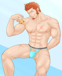 Rule 34 | 1boy, abs, alcohol, arm behind back, bara, beard, blue eyes, blue male swimwear, blue swim briefs, brown hair, bulge, drink, facial hair, fate/grand order, fate (series), feet out of frame, highres, ice, ice cube, large pectorals, long sideburns, looking at viewer, male focus, male swimwear, muscular, napoleon bonaparte (fate), nipples, one eye closed, pectorals, penis, penis peek, porkjinta, scar, sideburns, simple background, smile, solo, swim briefs, swimsuit, underwear, underwear only, upper body, whiskey
