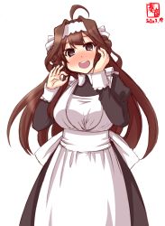 Rule 34 | 1girl, ahoge, alternate costume, artist logo, black dress, brown eyes, brown hair, commentary request, cowboy shot, dated, double bun, dress, enmaided, hairband, highres, kanon (kurogane knights), kantai collection, kongou (kancolle), long hair, look-alike, looking at viewer, maid, maid headdress, open mouth, round teeth, simple background, smile, solo, standing, teeth, upper teeth only, white background