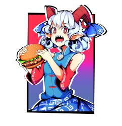 Rule 34 | absurdres, blue dress, blue skirt, blue vest, border, burger, curly hair, detached sleeves, dress, earrings, gradient background, highres, horn ornament, horn ribbon, horns, jewelry, meandros, patterned clothing, pointy ears, red eyes, red horns, red sleeves, ribbon, rsutibu, sharp teeth, sheep horns, skirt, teeth, touhou, toutetsu yuuma, vest, white border, white hair