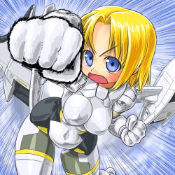 Rule 34 | 10s, 1girl, arnval, bad id, bad pixiv id, blonde hair, blue eyes, busou shinki, clenched hands, dd (ijigendd), doll joints, emphasis lines, incoming attack, incoming punch, joints, mecha musume, punching, short hair, solo