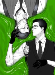 Rule 34 | 2boys, bad id, bad pixiv id, badge, black hair, facial hair, glasses, gloves, hair slicked back, joseph oda, lying, multiple boys, necktie, partially colored, partially submerged, pigno, police badge, sebastian castellanos, slime (substance), stubble, the evil within, upside-down, vest, waistcoat