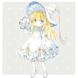 Rule 34 | 1girl, alternate costume, arm up, blonde hair, blue eyes, blunt bangs, border, commentary request, copyright name, dated commentary, dress, frilled dress, frilled sleeves, frills, full body, grey background, hat, hat ribbon, long hair, long sleeves, looking at viewer, madou monogatari, outside border, pantyhose, pout, print pantyhose, puffy long sleeves, puffy sleeves, puyopuyo, rakuni, ribbon, romaji text, sidelocks, sleeves past wrists, solo, standing, star (symbol), star print, two-sided fabric, two-sided headwear, white border, white dress, white footwear, white hat, white pantyhose, witch (puyopuyo), witch hat