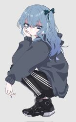 Rule 34 | 1girl, blue eyes, blue hair, blue nails, donki (dodododonkidon), expressionless, eyelashes, from side, full body, grey hoodie, hair between eyes, highres, hololive, hood, hoodie, hoshimachi suisei, long hair, looking at viewer, nail polish, one side up, shoes, sneakers, solo, squatting, star (symbol), star in eye, striped leggings, symbol in eye, virtual youtuber