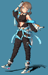 Rule 34 | 1girl, ;), absurdres, animal collar, belt, black jumpsuit, black sports bra, blue coat, blue eyes, boots, brown hair, character name, closed mouth, clothes writing, coat, collar, commentary, corsetman, english text, full body, gloves, headset, highres, jumpsuit, long sleeves, looking at viewer, love live!, love live! sunshine!!, medium hair, navel, off shoulder, one eye closed, open jumpsuit, salute, shadow, simple background, smile, solo, sports bra, standing, standing on one leg, swept bangs, watanabe you, white belt, white footwear, white gloves