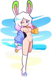 Rule 34 | 1girl, animal ears, bandaged hand, beach, blue eyes, borrowed character, breasts, cleft of venus, fingerless gloves, frobama, full body, gloves, groin, highres, knee-high boots, looking at viewer, nipples, nude, nude filter, one eye closed, original, outdoors, perky breasts, pussy, rabbit, rabbit ears, rabbit girl, smile, solo, thighs, third-party edit, white gloves, white hair, wink, yukkuri usokojimi