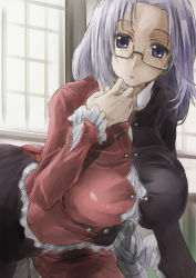 Rule 34 | 1girl, adapted costume, bespectacled, blue eyes, braid, breasts, colored eyelashes, forehead, frilled shirt, frilled sleeves, frills, glasses, grey-framed eyewear, hand on own face, indoors, large breasts, layered clothes, leaning, leaning forward, long hair, long skirt, long sleeves, looking at viewer, open mouth, pants, parted lips, purple eyes, semi-rimless eyewear, shirt, silver hair, single braid, skirt, solo, sunlight, touhou, under-rim eyewear, very long hair, white shirt, window, yagokoro eirin, yohane