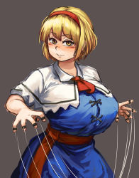 Rule 34 | 1girl, alice margatroid, ascot, bad id, bad tumblr id, blonde hair, blue dress, blush, breasts, capelet, chanta (ayatakaoisii), closed mouth, cowboy shot, curvy, dress, eyebrows, grey background, hairband, highres, huge breasts, jewelry, looking at viewer, plump, puppet rings, puppet strings, ring, sash, short hair, simple background, smile, solo, string, touhou, yellow eyes