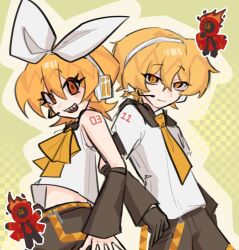 Rule 34 | 1boy, 1girl, 1other, black sailor collar, black shorts, blonde hair, bow, cosplay, dante (limbus company), don quixote (project moon), hair bow, headphones, headset, kagamine len, kagamine len (cosplay), kagamine rin, kagamine rin (cosplay), limbus company, looking at viewer, neckerchief, necktie, open mouth, orange eyes, project moon, sailor collar, sharp teeth, shirt, short hair, shorts, sinclair (project moon), sinmllk, smile, tattoo, teeth, vocaloid, vocaloid boxart pose, white bow, white shirt, yellow eyes, yellow neckerchief, yellow necktie