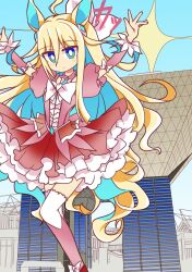 Rule 34 | 1girl, ?, ahoge, alternate costume, animal ears, arm up, blonde hair, blue eyes, blue hair, blue sky, blush, breasts, closed mouth, colored inner hair, commentary request, detached sleeves, dress, frilled dress, frills, hair between eyes, hair ornament, highres, horse ears, horse girl, horse tail, long hair, looking at viewer, magical girl, multicolored hair, neo universe (umamusume), outdoors, sky, small breasts, sparkle, streaked hair, tail, thighhighs, tokyo big sight, umamusume, very long hair, wahiko (black bastard), white thighhighs