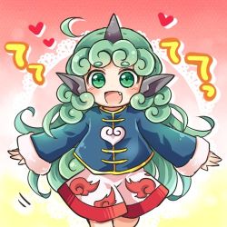 Rule 34 | 1girl, :d, ahoge, alternate costume, blue shirt, blush, curly hair, fang, gradient background, green eyes, green hair, heart, horns, komano aunn, long hair, long sleeves, looking at viewer, lowres, open mouth, outstretched arms, pink background, pointy ears, pote (ptkan), shirt, shorts, single horn, smile, solo, spread arms, touhou, very long hair, wide sleeves, wild and horned hermit