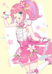 Rule 34 | 1girl, ;d, blue eyes, blunt bangs, blush, breasts, commentary request, flower, gloves, hair flower, hair ornament, hand up, highres, idol clothes, kanon (pripara), long hair, looking at viewer, marueri, multicolored hair, one eye closed, open mouth, pink flower, pink footwear, pink hair, pink skirt, pretty series, pripara, purple hair, shirt, shoes, side ponytail, skirt, skirt hold, sleeveless, sleeveless shirt, small breasts, smile, solo, standing, standing on one leg, streaked hair, thighhighs, white background, white gloves, white shirt, white thighhighs