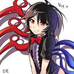 Rule 34 | absurdres, black hair, bow, bowtie, danraz0r, highres, houjuu nue, no pants, red eyes, self-upload, simple background, smirk, solo, touhou, white background, wings