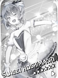 Rule 34 | 1girl, ;d, absurdres, bare shoulders, character name, dress, glint, gloves, greyscale, hair between eyes, highres, hololive, hoshimachi suisei, looking at viewer, monochrome, nanashi (nlo), one eye closed, open mouth, sidelocks, smile, solo, star-shaped pupils, star (symbol), strapless, strapless dress, symbol-shaped pupils, tiara, virtual youtuber