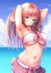 Rule 34 | 1girl, armpits, arms behind head, arms up, bandeau, bare arms, bare shoulders, beach, bikini, bikini skirt, bit (keikou syrup), blue eyes, blurry, blurry background, blush, bow, bow bikini, breasts, commentary request, cowboy shot, day, depth of field, from side, hair between eyes, head tilt, highres, large breasts, long hair, looking at viewer, megurine luka, navel, ocean, outdoors, pink bikini, pink hair, plaid, plaid bikini, solo, standing, stomach, strapless, strapless bikini, swimsuit, underboob, vocaloid, white bikini