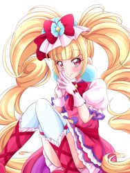 Rule 34 | 1girl, aisaki emiru, blonde hair, blunt bangs, bow, closed mouth, commentary request, cure macherie, gloves, hair bow, highres, hugtto! precure, long hair, looking at viewer, magical girl, pink gloves, precure, puffy short sleeves, puffy sleeves, red bow, red eyes, s-operator, short sleeves, simple background, smile, solo, thighhighs, thighs, twintails, very long hair, white background, white thighhighs