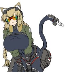 Rule 34 | 1girl, absurdres, animal ear fluff, animal ears, armored gloves, braid, braided ponytail, breasts, cat ears, cat girl, deculture, headgear, highres, huge breasts, leaning forward, long hair, looking at viewer, mechanical tail, military, original, sad smile, second-party source, simple background, slit pupils, sunglasses, tactical clothes, tail, white background, wide hips