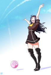 Rule 34 | 1girl, black hair, blue eyes, blue sky, blunt bangs, boots, breasts, contrail, frilled skirt, frills, gundam, gundam g no reconguista, hairband, hime cut, kina (446964), knee boots, long hair, manny ambassada, medium breasts, neckerchief, nobell, open mouth, outstretched arms, pleated skirt, skirt, sky, smile, solo, tower