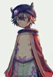 Rule 34 | 1boy, :|, android, blurry, brown eyes, brown hair, cape, child, closed mouth, collar, commentary request, cowboy shot, damaged, depth of field, facial mark, facial tattoo, fake horns, green shorts, groin, hair between eyes, helmet, highres, horned helmet, horns, made in abyss, male focus, mechanical arms, mechanical hands, metal collar, multicolored clothes, multicolored shorts, navel, penxy1212, purple shorts, red cape, regu (made in abyss), robot, shorts, simple background, single mechanical hand, solo, sparkle, standing, tattoo, topless male, v-shaped eyebrows, white background