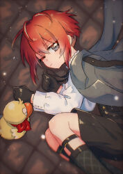 Rule 34 | 1boy, black gloves, black shorts, black socks, bridal garter, brown eyes, child, clock over orquesta, closed mouth, coat, coat on shoulders, fuwa tokihito, gloves, highres, long sleeves, looking at viewer, male focus, one eye closed, red hair, rubber duck (clock over orquesta), shirt, shorts, socks, solo, usiusi nanas, white shirt