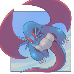 Rule 34 | blue eyes, dragon, flying, gen 3 pokemon, no humans, pokemon, pokemon (creature), salamence, sky, tesshii (riza4828), wings