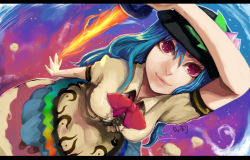 Rule 34 | 1girl, arm up, bad id, bad pixiv id, blue hair, breasts, dress, dutch angle, eyelashes, female focus, flaming sword, flaming weapon, foreshortening, from above, hat, hinanawi tenshi, john marica, keystone, letterboxed, lips, long hair, looking up, perspective, pink eyes, purple eyes, smile, solo, sword, sword of hisou, touhou, weapon