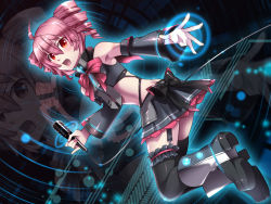 Rule 34 | 1girl, ahoge, bare shoulders, black thighhighs, boots, caffein, drill hair, highres, kasane teto, microphone, midriff, open mouth, pink hair, red eyes, solo, thighhighs, twin drills, twintails, utau, zoom layer