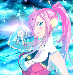 Rule 34 | 1girl, arm warmers, bad id, bad pixiv id, blue eyes, breasts, cleavage, facial mark, grin, headphones, headset, long hair, looking at viewer, nail polish, necktie, one eye closed, parted lips, pink hair, pink nails, ponytail, short necktie, sleeveless, smile, solo, speaker, star (symbol), uni (vocaloid), upper body, very long hair, vocaloid, yonsang21