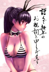 Rule 34 | 1girl, bare shoulders, bikini, black hair, blunt bangs, bow, bowtie, breasts, large breasts, navel, new year, original, ponytail, popopon, rabbit girl, red eyes, solo, string bikini, striped bikini, striped clothes, swimsuit
