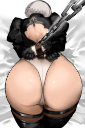 Rule 34 | 1girl, 2b (nier:automata), android, ass, ass focus, bakkanki, black hairband, black thighhighs, bound, bound wrists, chain, from behind, hairband, higher resolution available, highres, huge ass, legs together, leotard, nier:automata, nier (series), shiny skin, short hair, solo, thighhighs, thighs, thong, thong leotard, white hair