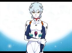 1boy ayanami_rei ayanami_rei_(cosplay) blue_hair boruto:_naruto_next_generations cosplay looking_at_viewer male_focus mitsuki_(naruto) moon naruto_(series) neon_genesis_evangelion plugsuit short_hair solo yazaki_(yazakc) yellow_eyes