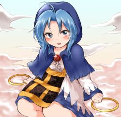 Rule 34 | 1girl, :d, blue capelet, blue eyes, blue hair, capelet, cloud, dress, gradient sky, holding, holding jewelry, holding ring, hood, jewelry, kesa, kumoi ichirin, long sleeves, looking at viewer, nanana (chicken union), open mouth, outdoors, ring, sitting, sky, smile, solo, touhou, white dress, yokozuwari