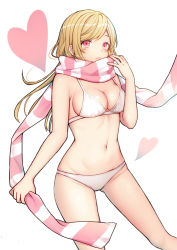 Rule 34 | 1girl, bare arms, bare shoulders, bikini, blonde hair, blush, breasts, cleavage, closed mouth, commentary request, enpera, floating scarf, groin, hand up, heart, holding, holding clothes, holding scarf, kurata rine, long hair, looking at viewer, medium breasts, navel, original, red eyes, scarf, simple background, smile, solo, striped clothes, striped scarf, swept bangs, swimsuit, very long hair, white background, white bikini