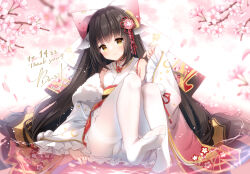Rule 34 | 1girl, azur lane, black hair, commentary request, commission, detached sleeves, english text, floral print, flower, full body, fur-trimmed sleeves, fur trim, hair ornament, harutsuki (a dance for the coming spring) (azur lane), harutsuki (azur lane), irori, japanese clothes, kimono, long hair, long sleeves, looking at viewer, official alternate costume, pantyhose, pink flower, second-party source, short kimono, signature, sleeveless, sleeveless kimono, smile, solo, thank you, thighband pantyhose, twintails, very long hair, wading, white pantyhose, wide sleeves, yellow eyes