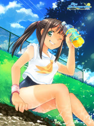 Rule 34 | 00s, 1girl, 2009, black hair, bottle, brown hair, caustics, chain-link fence, cloud, day, drink, fence, from below, grass, green eyes, grin, hot, legs, long hair, looking at viewer, moc, no pants, one eye closed, original, outdoors, ponytail, school swimsuit, school uniform, serafuku, shorts tan, sitting, sky, sleeves rolled up, smile, soaking feet, solo, sweat, swimsuit, swimsuit under clothes, tan, tanline, tree, water, wet, wink, wristband