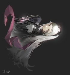 Rule 34 | 1girl, arknights, black background, black gloves, black jacket, commentary request, cropped torso, dated, exif rotation, gloves, grey eyes, grey hair, holding, holding lantern, irene (arknights), jacket, lantern, long hair, long sleeves, looking at viewer, looking to the side, puffy long sleeves, puffy sleeves, simple background, solo, upper body, very long hair, xiaohuanjie