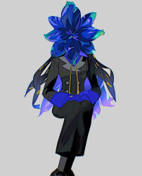 Rule 34 | 1girl, black footwear, black jacket, black pants, blue gloves, blue shirt, buttons, commentary request, creatures (company), double-breasted, facing viewer, game freak, geeta (pokemon), glimmora, gloves, grey background, highres, invisible chair, jacket, legs together, long sleeves, nanaasuzy pk, nintendo, pants, pokemon, pokemon (creature), pokemon sv, shirt, shoes, sitting, socks