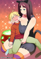 Rule 34 | 1girl, ahoge, animal ears, black dress, black hair, blonde hair, blush, breasts, cat ears, cat tail, cleavage, closed mouth, collar, dress, erection, erection under clothes, closed eyes, fake animal ears, fake tail, full-face blush, green eyes, halloween, highres, huge breasts, legs, open mouth, original, penis grab, pumpkin, short hair, simple background, sitting, smile, socks, tail, tetrodotoxin, thighhighs, thighs