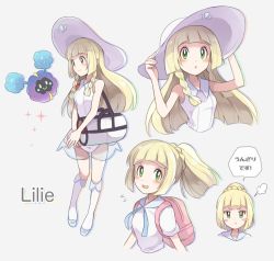 Rule 34 | 1girl, angry, backpack, bag, blonde hair, blush, blush stickers, braid, character name, cosmog, creatures (company), dress, duffel bag, game freak, gen 7 pokemon, green eyes, hands on headwear, hat, legendary pokemon, lillie (pokemon), long hair, nintendo, open mouth, pokemon, pokemon (creature), pokemon sm, ponytail, ponytail with braided base, pout, simple background, sleeveless, sleeveless dress, spoilers, sun hat, twin braids, white dress, white hat, yatsuharuroji