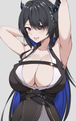 Rule 34 | 1girl, armpits, arms up, asymmetrical horns, black hair, blue hair, breasts, cleavage, collarbone, colored inner hair, demon horns, hair between eyes, hair ornament, highres, hololive, hololive english, horns, large breasts, long hair, looking at viewer, mole, mole under eye, multicolored hair, nerissa ravencroft, nerissa ravencroft (1st costume), open clothes, open shirt, red eyes, self-upload, smile, solo, tongue, tongue out, virtual youtuber, zeropen